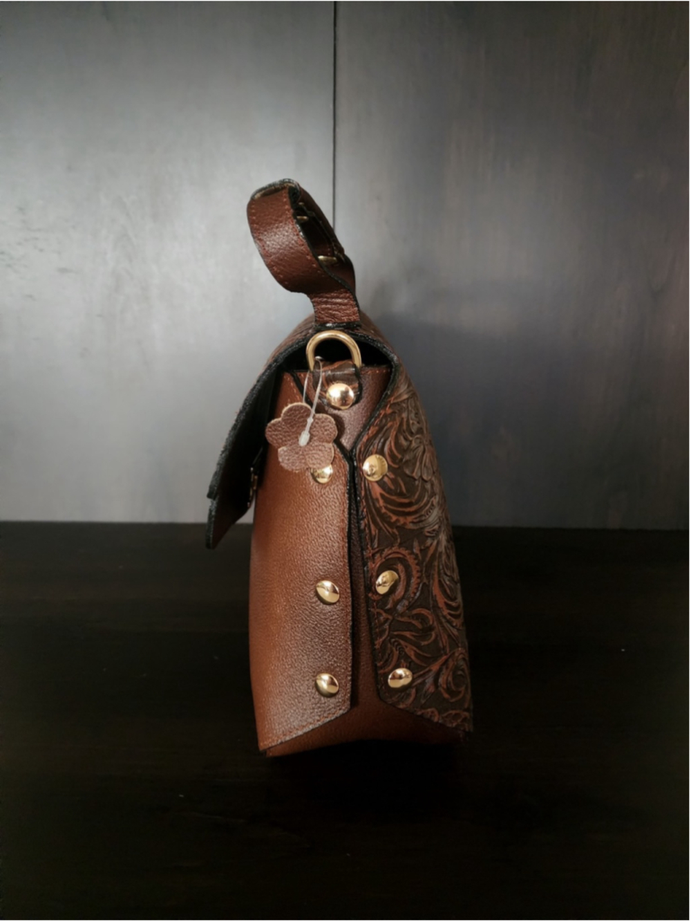 Pecan Brown Floral Studded Embossed Artisan LEATHER Purse Handbag Crossbody - Picture 7 of 15